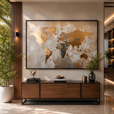 Quadro Mapa Mundi Tons Metálicos Dourado com Prata
