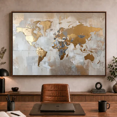 Quadro Mapa Mundi Tons Metálicos Dourado com Prata