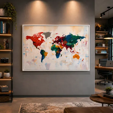 Quadro Mapa Mundi Contemporâneo Colorido - Arte Exclusiva