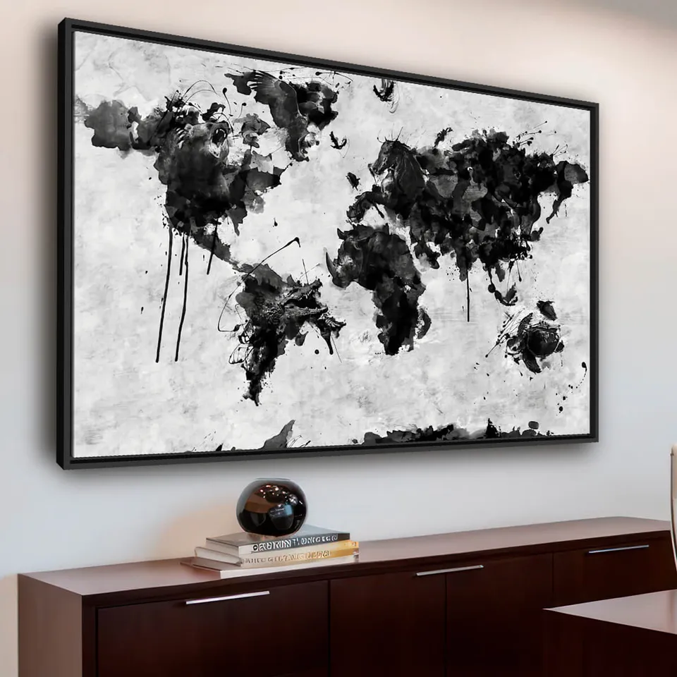 Quadro Mapa Mundi em Arte Animais - Preto e Branco Quadro Mapa Mundi em Arte Animais - Preto e Branco