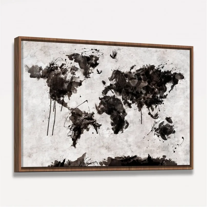 Quadro Mapa Mundi em Arte Animais - Preto e Branco Quadro Mapa Mundi em Arte Animais - Preto e Branco