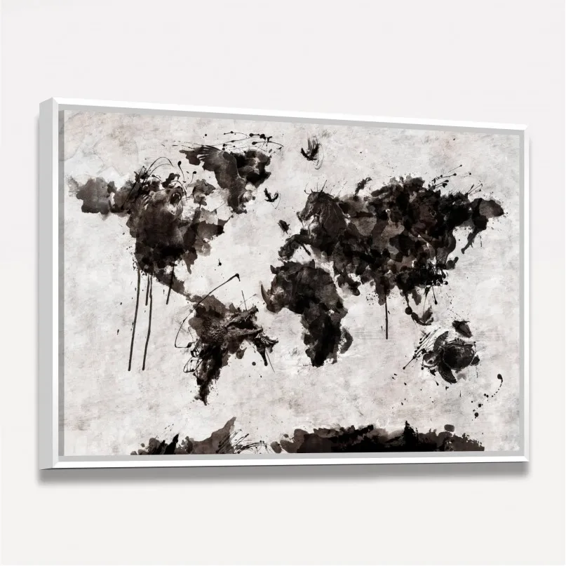 Quadro Mapa Mundi em Arte Animais - Preto e Branco Quadro Mapa Mundi em Arte Animais - Preto e Branco
