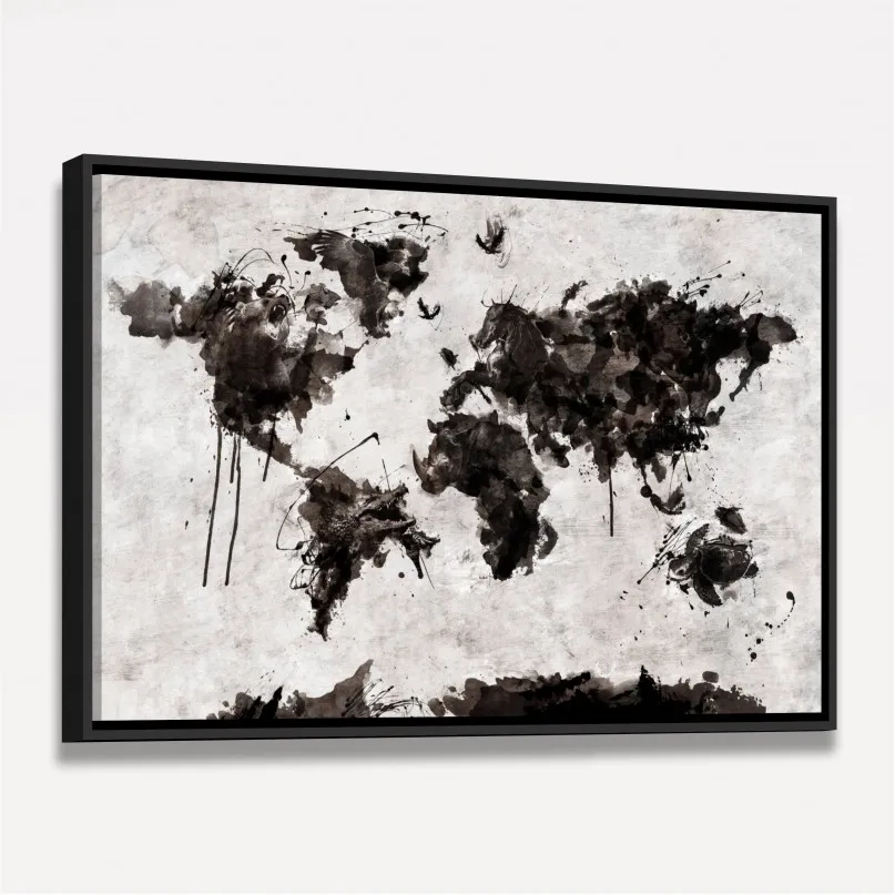 Quadro Mapa Mundi em Arte Animais - Preto e Branco Quadro Mapa Mundi em Arte Animais - Preto e Branco