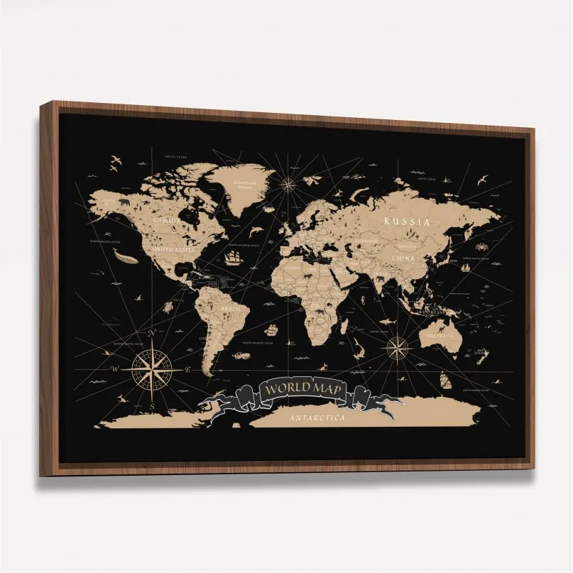 Quadro Mapa Mundi Vintage em Preto - World Map