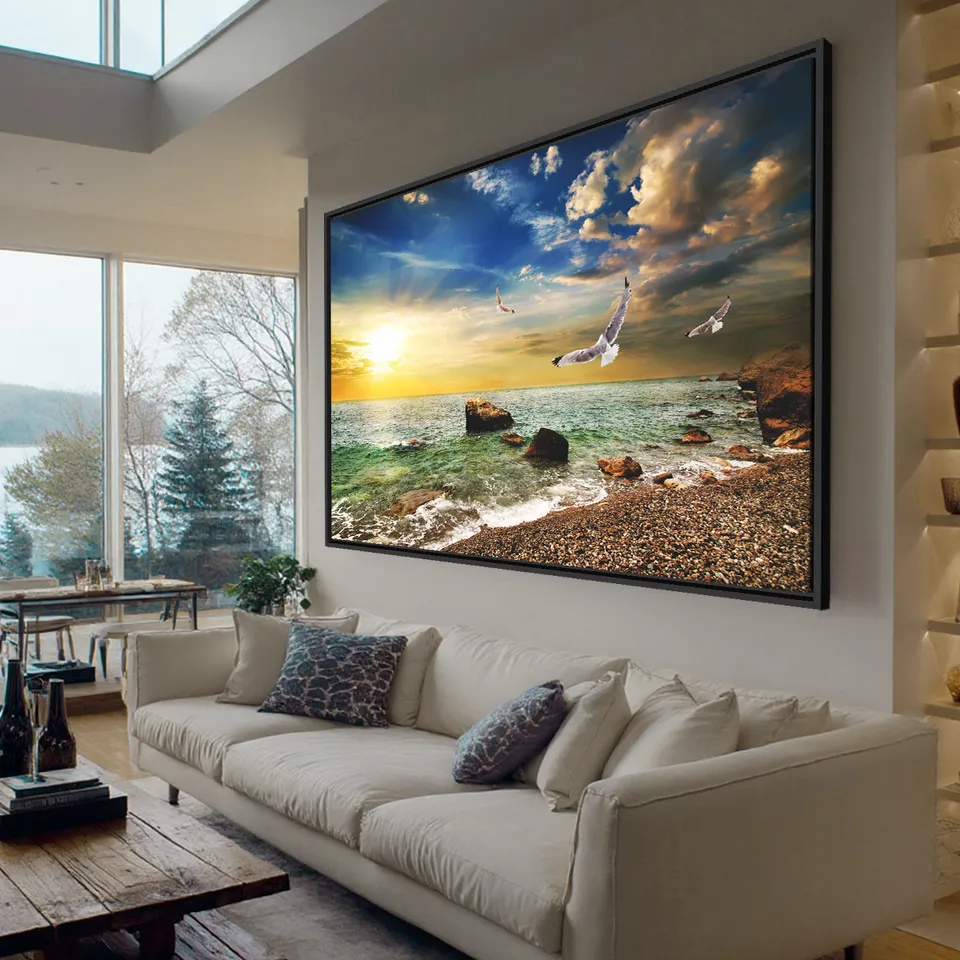 Quadro Praia Mar Pássaros ao Sol Radiante