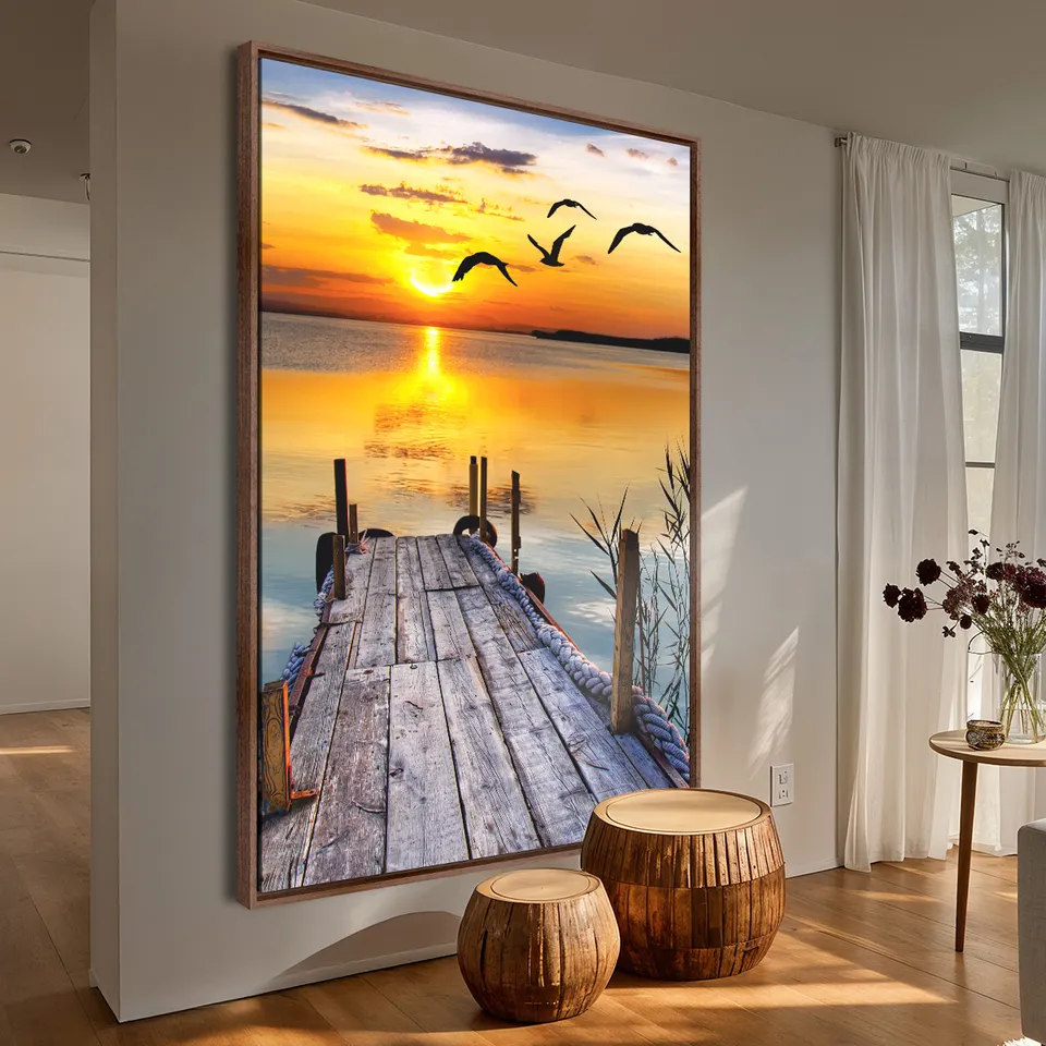 Quadro Serenidade ao Entardecer Mar Pier e Pássaros Quadro Serenidade ao Entardecer Mar Pier e Pássaros