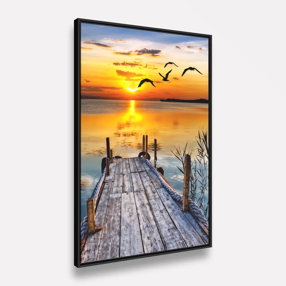 Quadro Serenidade ao Entardecer Mar Pier e Pássaros Quadro Serenidade ao Entardecer Mar Pier e Pássaros