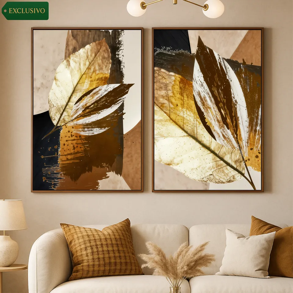 Quadro Folhagem Abstrato Moderno em Detalhes Bronze - Arte Exclusiva