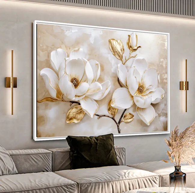 Quadro Luxo Floral Magnólias Douradas e Branco - Arte Exclusiva