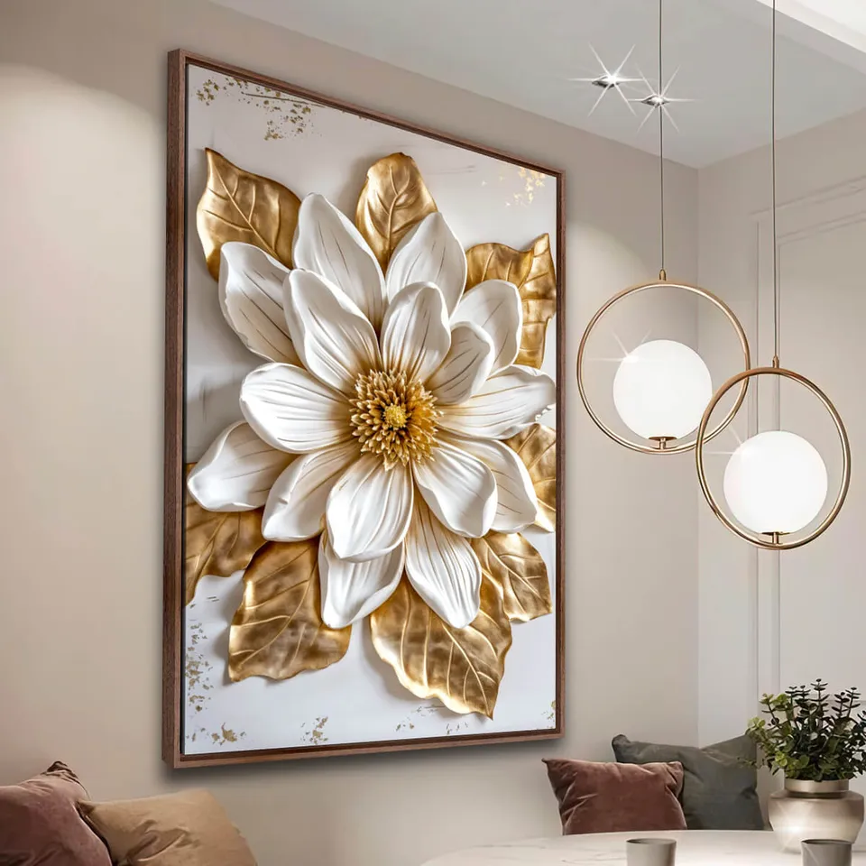 Quadro Magnólia Luxo Real Toque Dourado e Branco - Arte Exclusiva