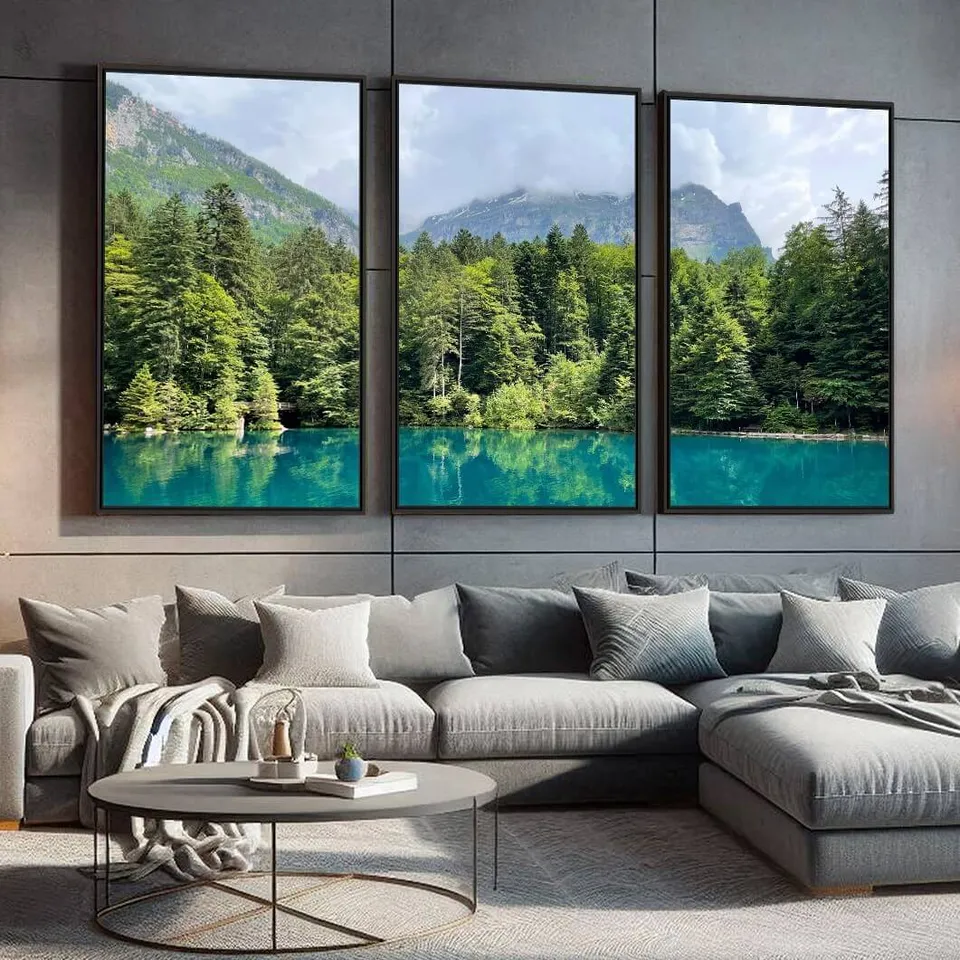 Quadro Paisagem Lago de Blausse Suíça Árvores e Motanhas - Arte Exclusiva