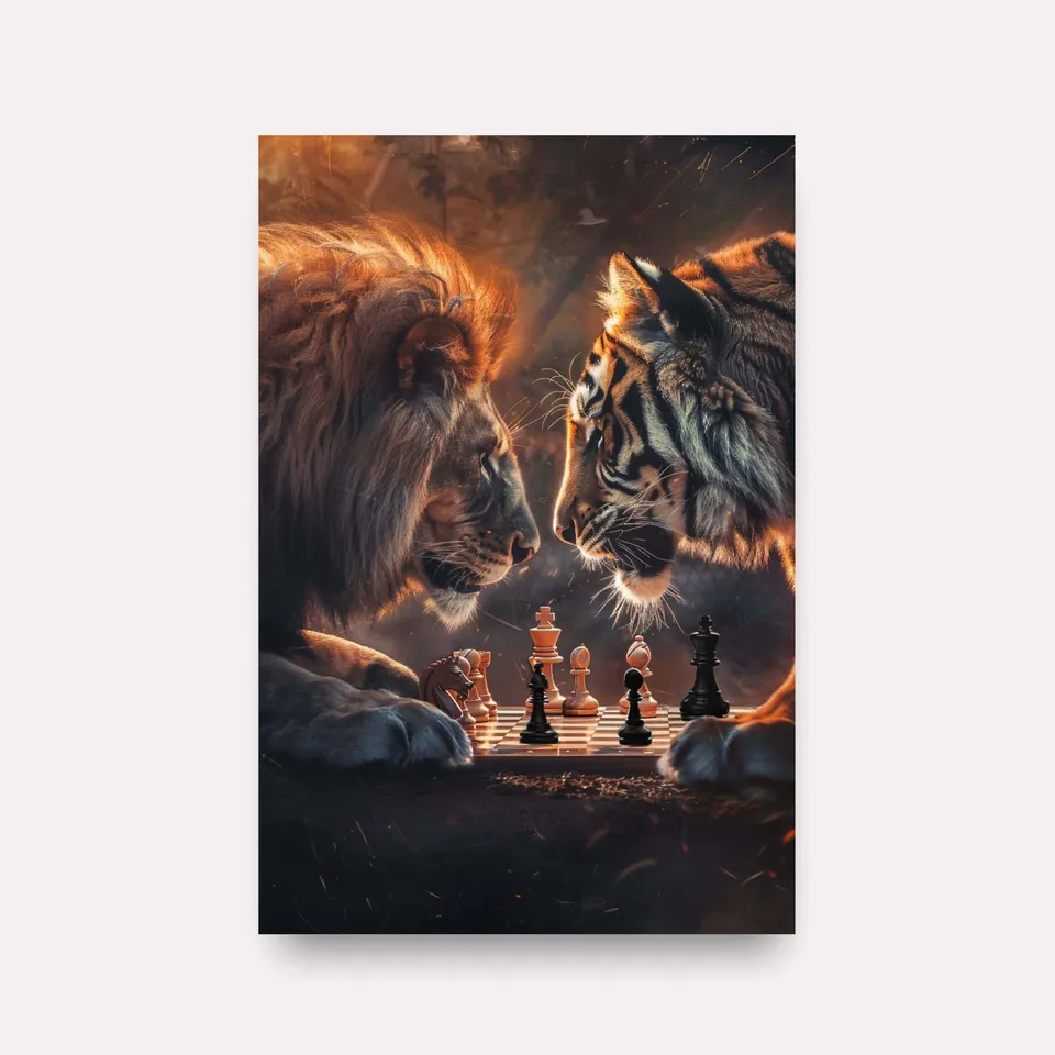 Quadro Decorativo Xadrez Partida Feroz Leão vs Tigre Quadro Decorativo Xadrez Partida Feroz Leão vs Tigre