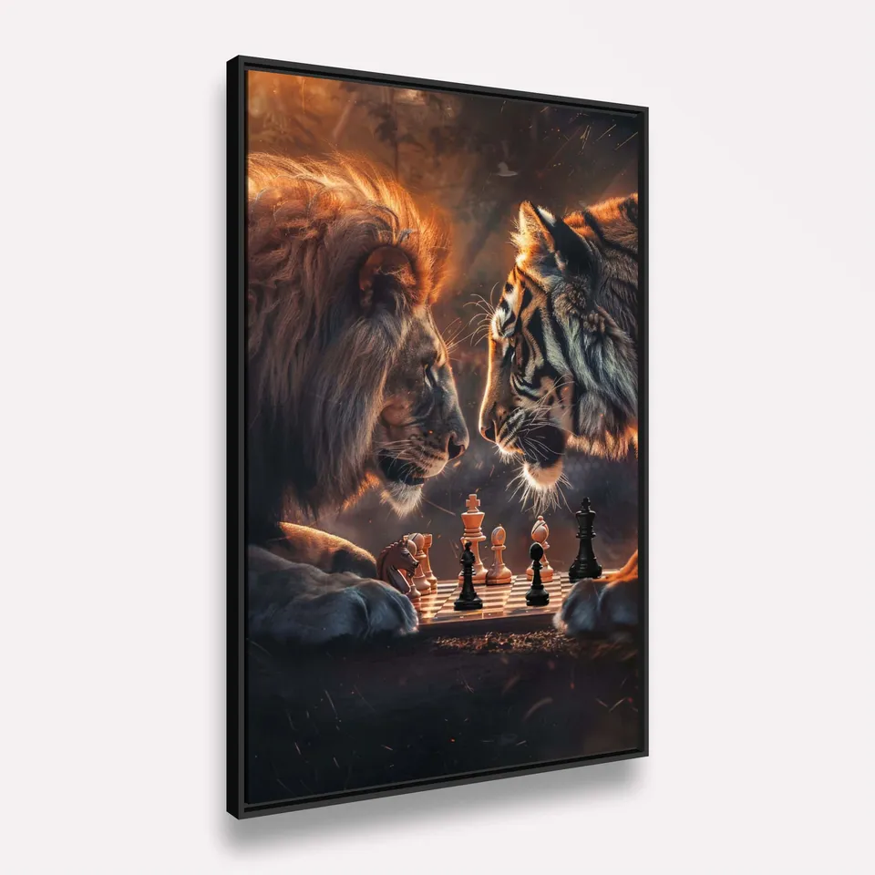 Quadro Decorativo Xadrez Partida Feroz Leão vs Tigre Quadro Decorativo Xadrez Partida Feroz Leão vs Tigre