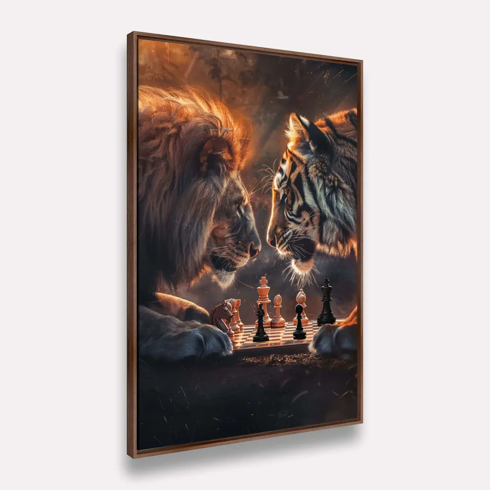 Quadro Decorativo Xadrez Partida Feroz Leão vs Tigre Quadro Decorativo Xadrez Partida Feroz Leão vs Tigre