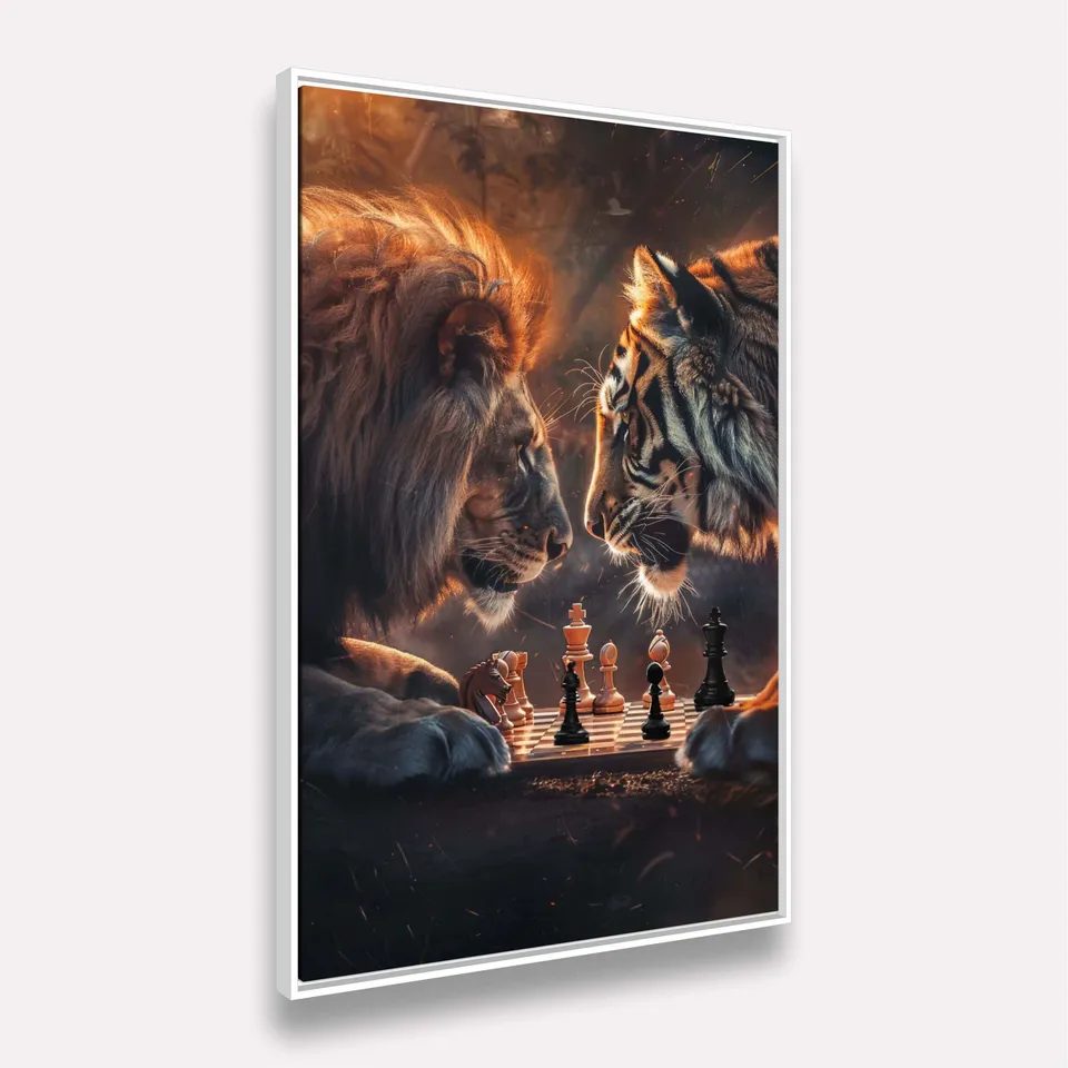 Quadro Decorativo Xadrez Partida Feroz Leão vs Tigre Quadro Decorativo Xadrez Partida Feroz Leão vs Tigre