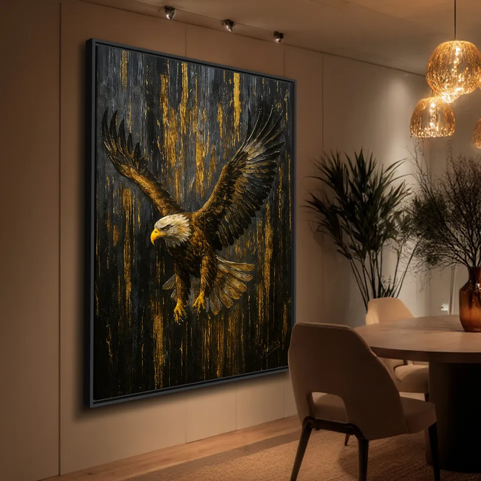 Quadro Águia em Ascensão Reinado Dourado Força e Liberdade - Arte Exclusiva