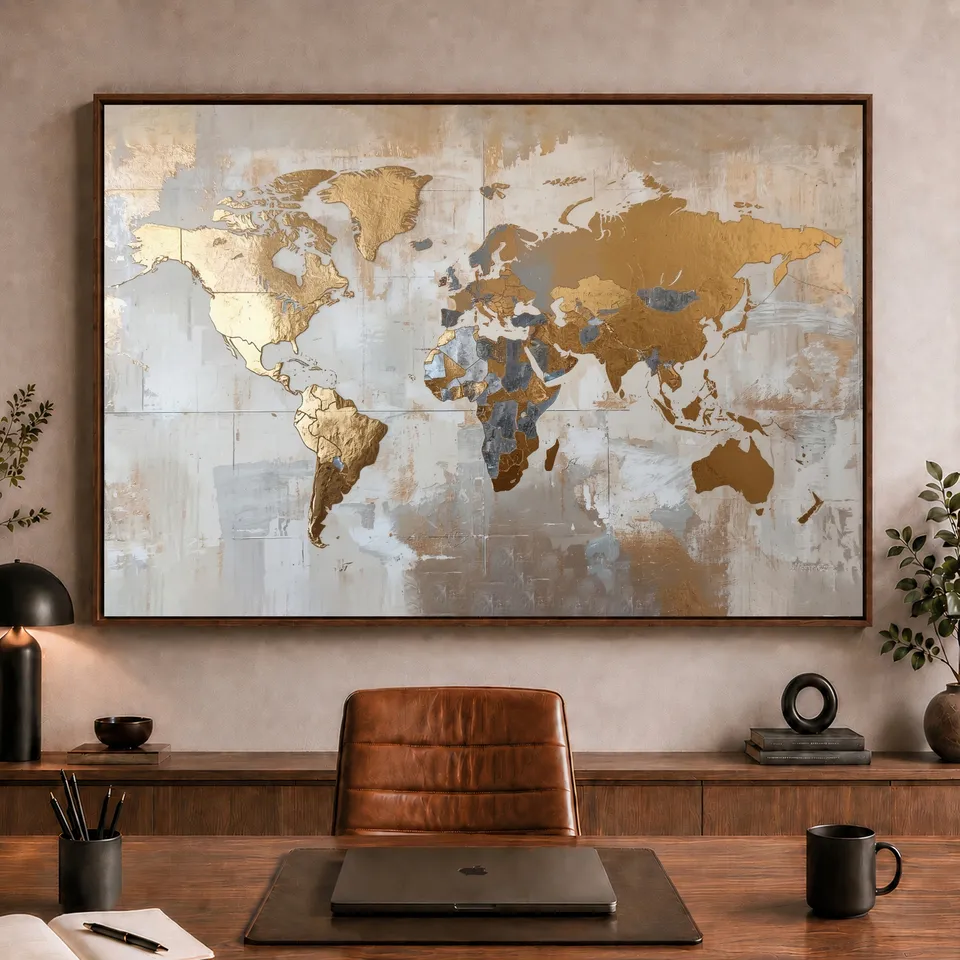 Quadro Mapa Mundi Tons Metálicos Dourado com Prata