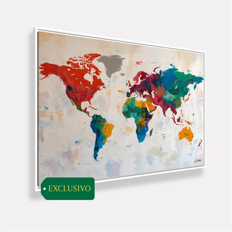 Quadro Mapa Mundi Contemporâneo Colorido - Arte Exclusiva