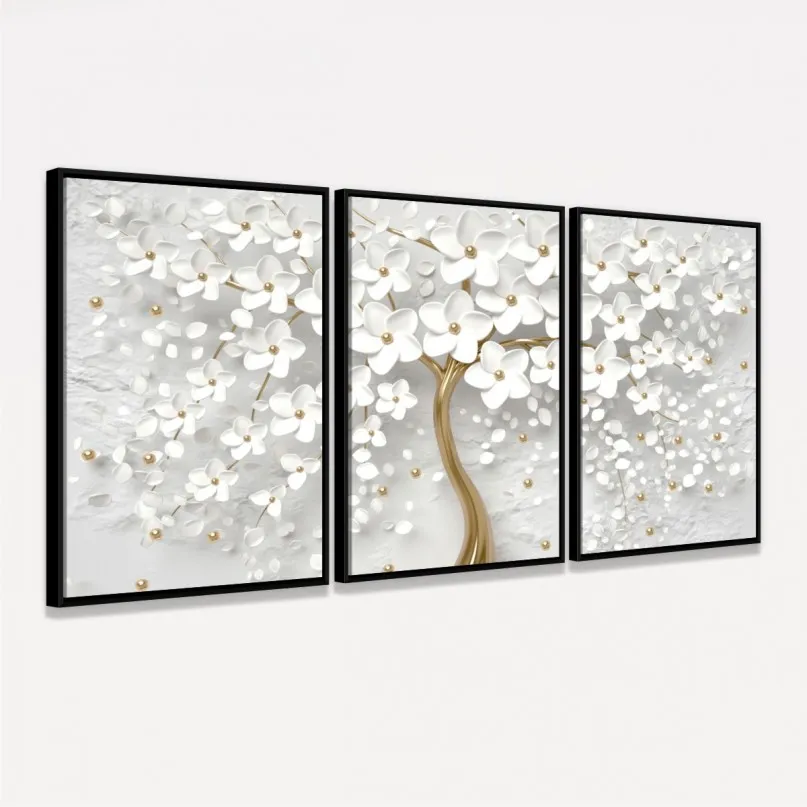 Quadro Flores de Cerejeiras Brancas e Douradas decorativo